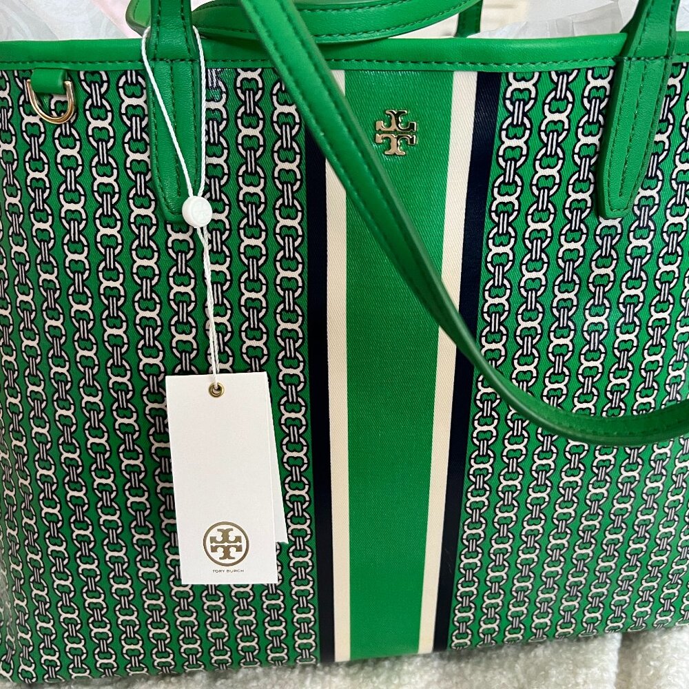 Tory Burch Gemini Link Green Coated Canvas Tote